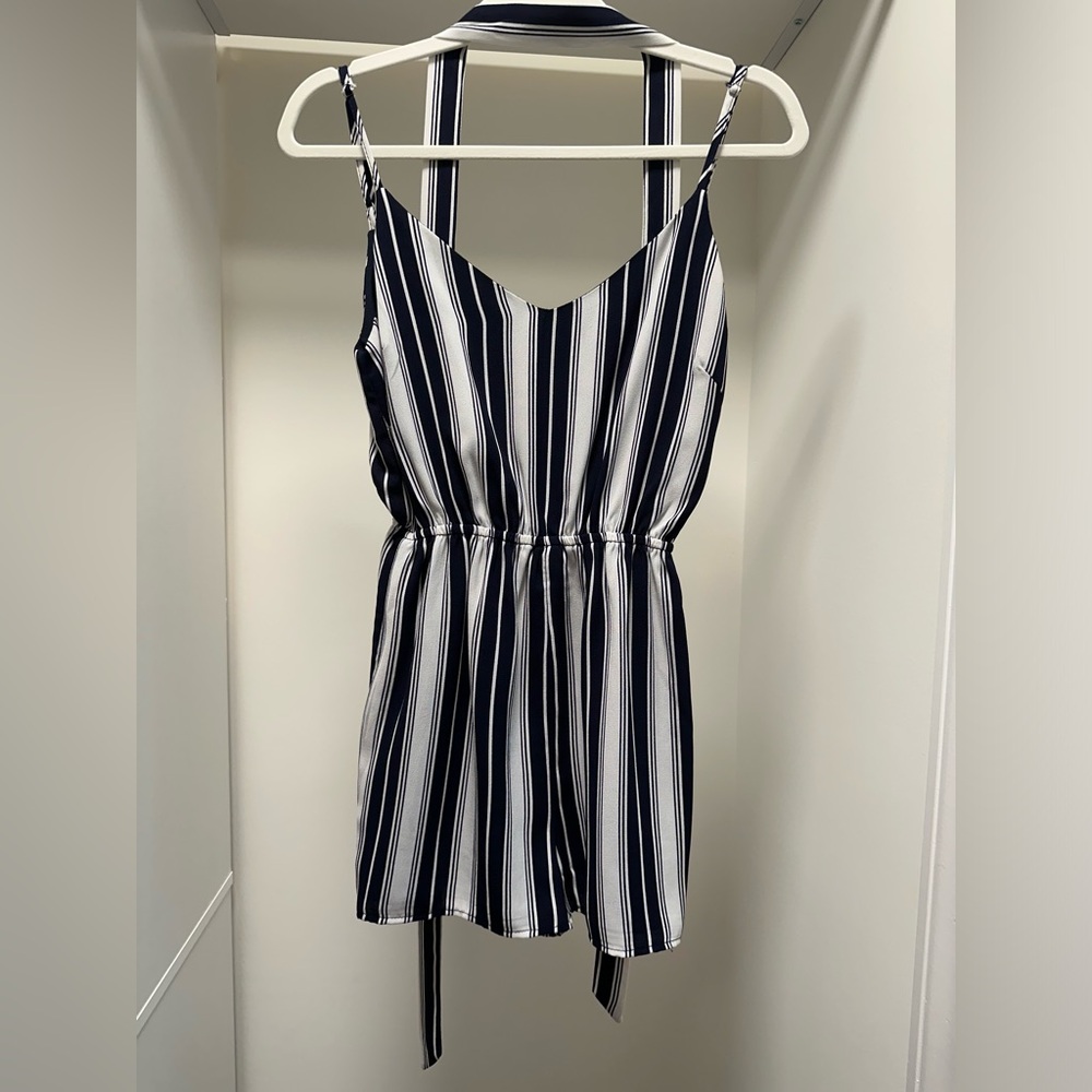 Lulus XS Navy and White Striped Tie-Waist Romper